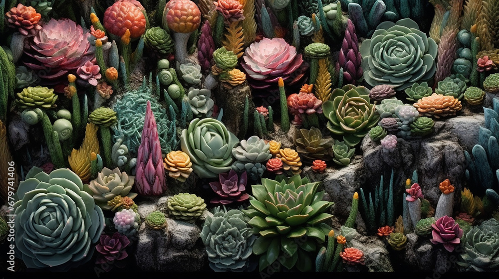 Surreal garden with fantasy succulent plants and cactus 