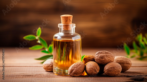 Nutmeg essential oil in a bottle. Generative AI,