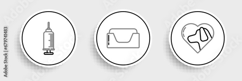 Set line Heart with dog, Syringe pet vaccine and Pet bed icon. Vector