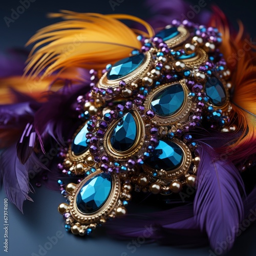 Mardi Gras holiday.carnival mask and beads decoration. Purple, Gold, and Green colors. square