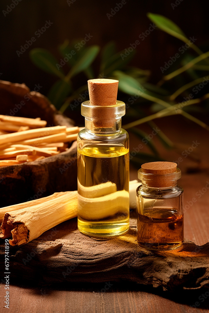 Palo Santo essential oil in a bottle. Generative AI, Palo Santo essential oil in a bottle. Generative AI,