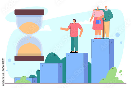 Huge sand-glass , older people and young man vector illustration. Increase of aged people and decrease of young people in world. Population aging concept