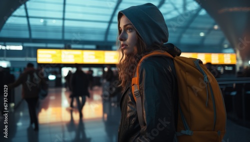 A Woman with a Backpack at the Airport