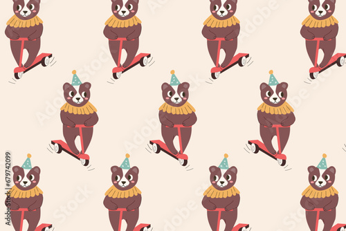 cute cartoon bear on scooter - seamless pattern
