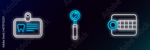 Set line Dentures model, Id card with tooth and Dental inspection mirror icon. Glowing neon. Vector