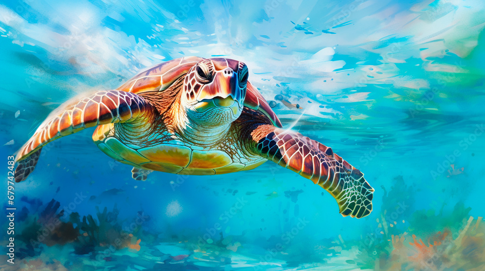 Fototapeta premium Turtle swims in the water. Generative AI,