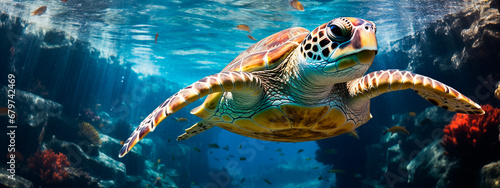 Turtle swims in the water. Generative AI, © Erik