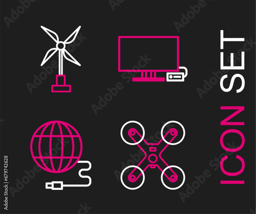 Set line Drone flying, Social network, Smart Tv and Wind turbine icon. Vector