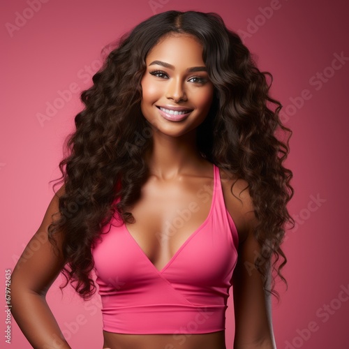 In a photograph, an African American supermodel dons an eye-catching hot pink outfit, showcasing her extra-long hair and a captivating smile.