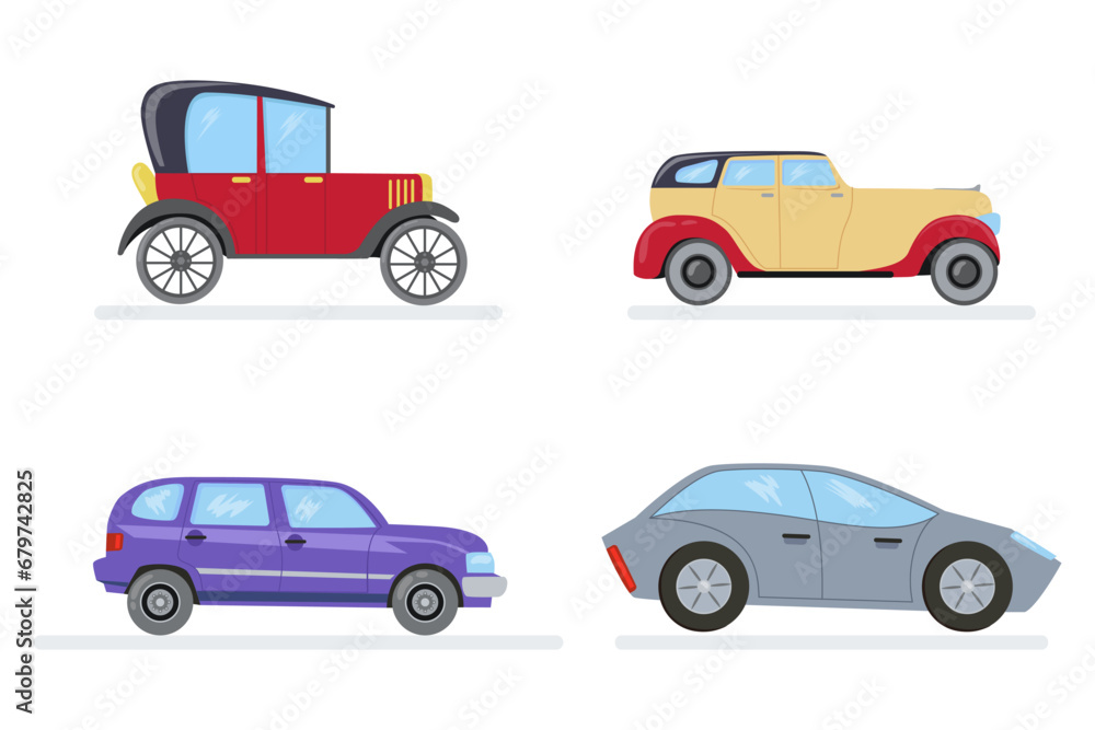 Automobiles of various ages vector illustration set. Cars, vehicles, transport. Progress of modes of transportation concept Automobiles of various ages vector illustration set. Cars, vehicles, transport. Progress of modes of transportation concept