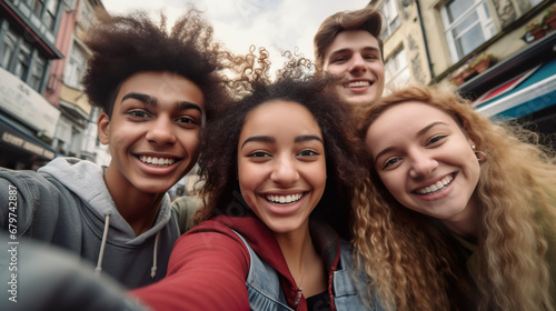 friend taking selfie in city