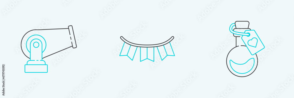 Set line Bottle with love potion, Cannon and Carnival garland flags icon. Vector Set line Bottle with love potion, Cannon and Carnival garland flags icon. Vector