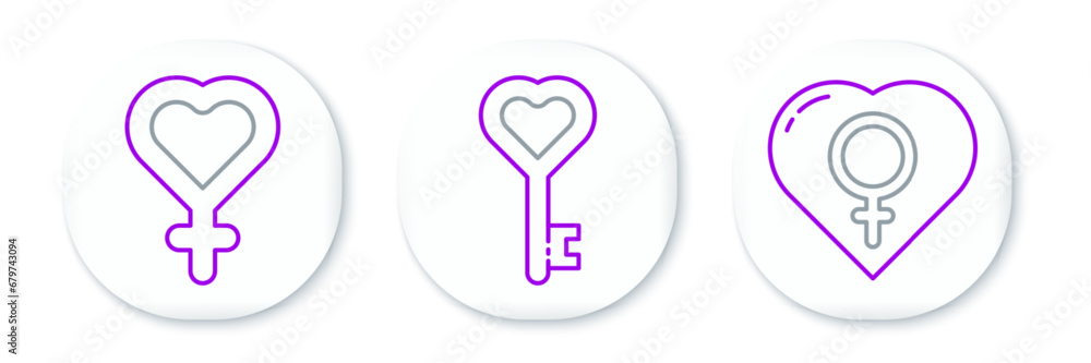 Set line Female gender in heart, symbol and Key shape icon. Vector Set line Female gender in heart, symbol and Key shape icon. Vector