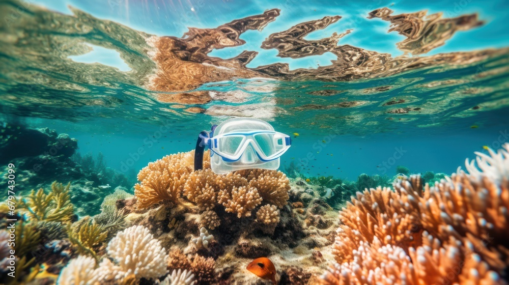 A snorkel and a mesmerizing coral reef filled with a variety of colorful fish.