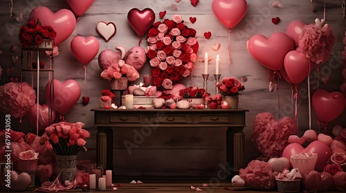 Valentines day background wallpaper, chocolate love, hearts, romantic roses, Generative AI