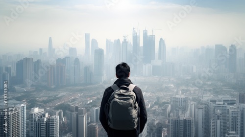 A person wearing a gas mask examines the landscape of the city with polluted air.