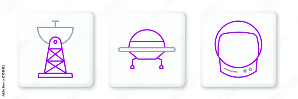 Set line Astronaut helmet, Satellite dish and UFO flying spaceship icon. Vector Set line Astronaut helmet, Satellite dish and UFO flying spaceship icon. Vector