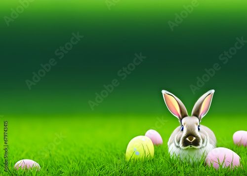 Joyeuse pâque, mignon lapin de pâque dans l'herbe avec des œufs peints colorés.  arrière plan neutre  pour carte, invitation, décoration photo