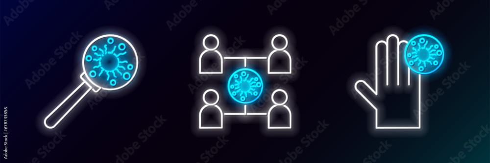 Set line Hand with virus, Virus under magnifying glass and spread icon. Glowing neon. Vector Set line Hand with virus, Virus under magnifying glass and spread icon. Glowing neon. Vector
