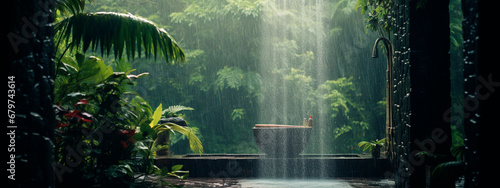 Summer shower in the jungle. Generative AI,