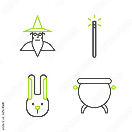 Set line Witch cauldron, Rabbit with ears, Magic wand and Wizard warlock icon. Vector