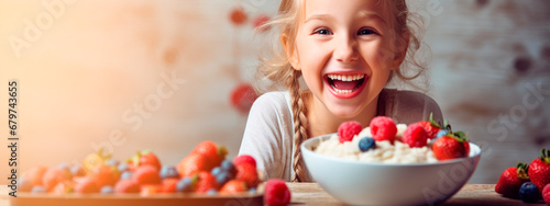 A happy smiling child eats porridge with berries. Generative AI,
