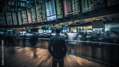 Photograph taken with long exposure technique of an investor following the stock market screens. photo