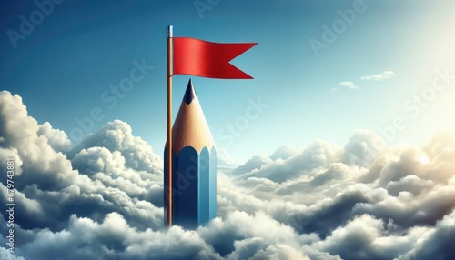 Sky is not the limit. A pencil stands towering, crowned with a red flag, set against a canvas of cloud filled skies. photo