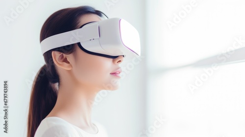 Asian young woman meditating, exercising with virtual reality glasses.