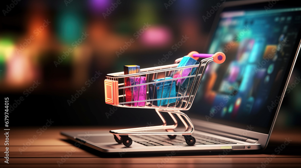 Virtual shopping cart on laptop computer keyboard