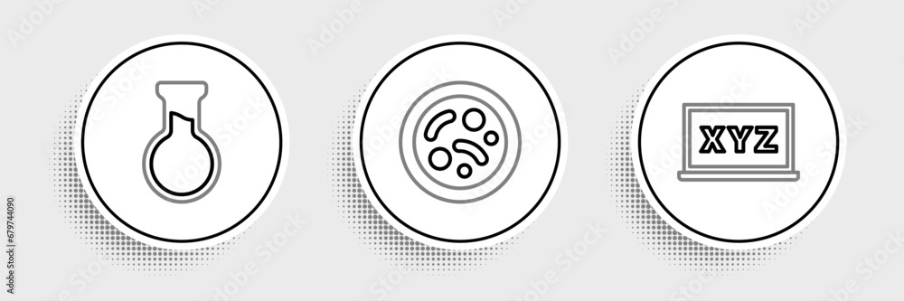 Set line XYZ Coordinate system, Test tube and flask and Bacteria icon. Vector Set line XYZ Coordinate system, Test tube and flask and Bacteria icon. Vector