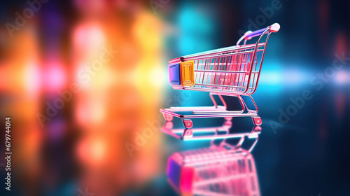 Virtual shopping cart on bright neon colored background with copy space