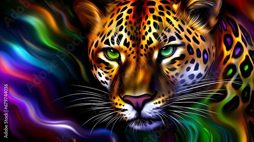 Vibrant Digital Painting of a Leopard with Colorful Swirls