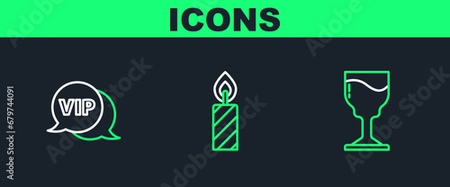 Set line Wine glass, Vip speech bubble and Birthday cake candles icon. Vector