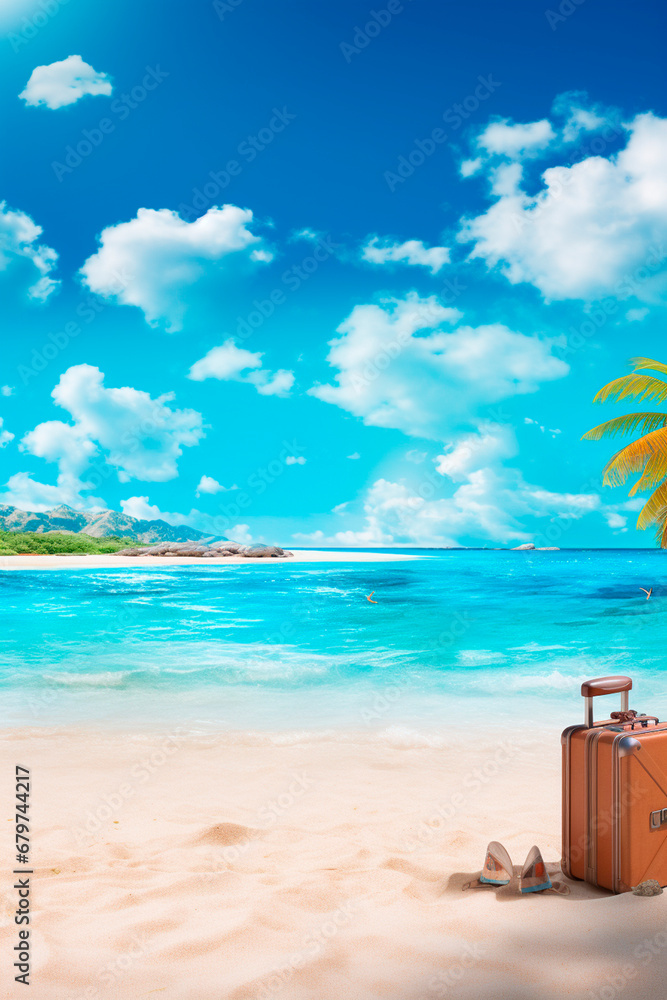 Obraz premium Suitcase on the beach by the sea. Generative AI,