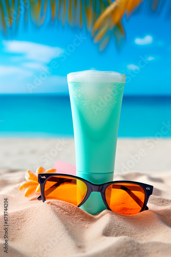 Suntan lotion and sunglasses on the beach. Generative AI,