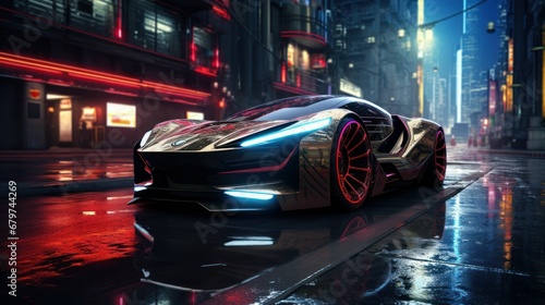 Photo of a futuristic car in a cyberpunk style city. © Royal Ability