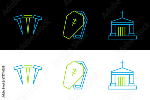 Set line Old crypt, Metallic nails and Coffin with cross icon. Vector