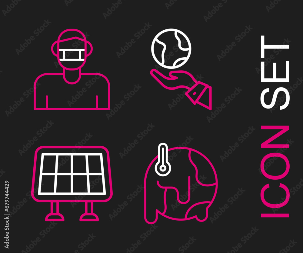 Set line Global warming, Solar energy panel, Hands holding Earth globe and Face protective mask icon. Vector Set line Global warming, Solar energy panel, Hands holding Earth globe and Face protective mask icon. Vector