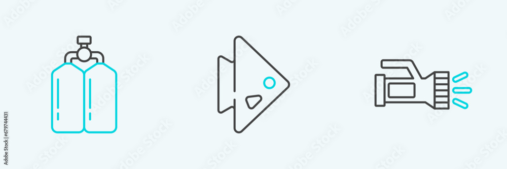 Set line Flashlight, Aqualung and Fish icon. Vector Set line Flashlight, Aqualung and Fish icon. Vector