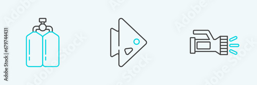 Set line Flashlight, Aqualung and Fish icon. Vector