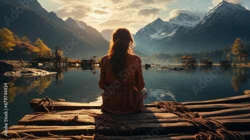 Serene woman on a dock, captivated by the breathtaking view of towering mountains.
