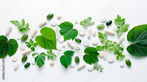 Supplements vegetable capsules and leaves isolate on a white background. Generative AI,