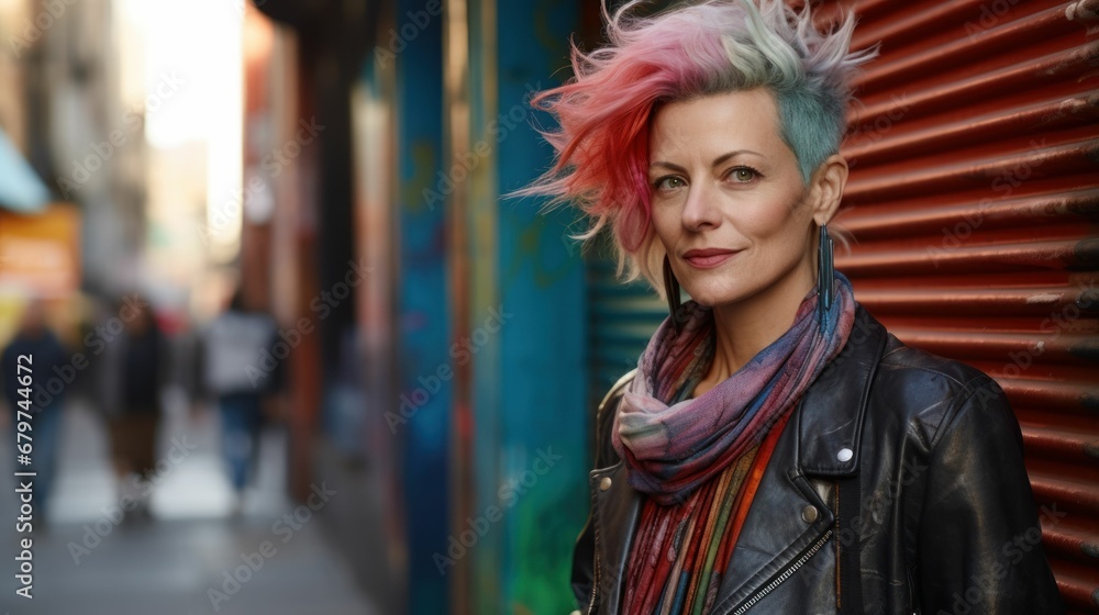 A stylish, dynamic elderly woman strikes a striking pose on the city street.