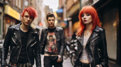 Friends posing confidently in their punk-style clothing on a lively street of the city. © Royal Ability