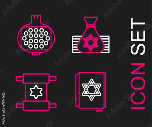 Set line Jewish torah book, Torah scroll, money bag and Pomegranate icon. Vector