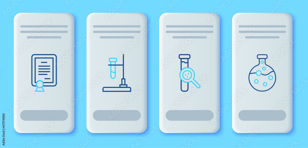 Set line Test tube flask on fire, and, Certificate template and icon. Vector