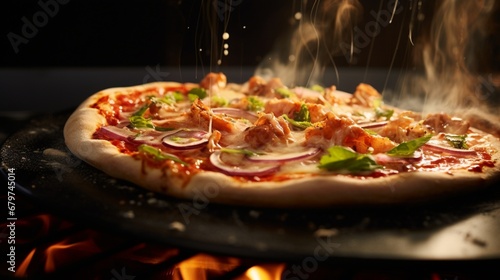 A dynamic shot capturing the moment of Thai Chicken Pizza being pulled from the oven, steam rising.