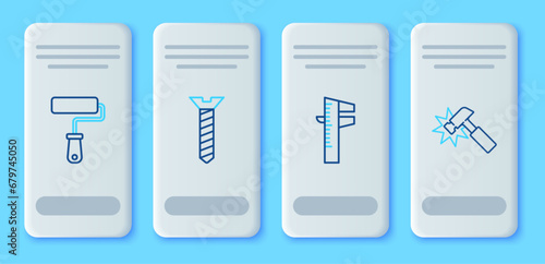 Set line Metallic screw, Calliper or caliper and scale, Paint roller brush and Hammer icon. Vector