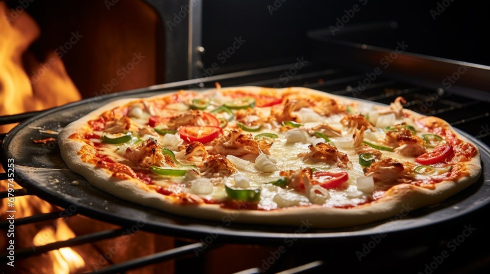 A dynamic shot capturing the moment of Thai Chicken Pizza being pulled from the oven, steam rising.